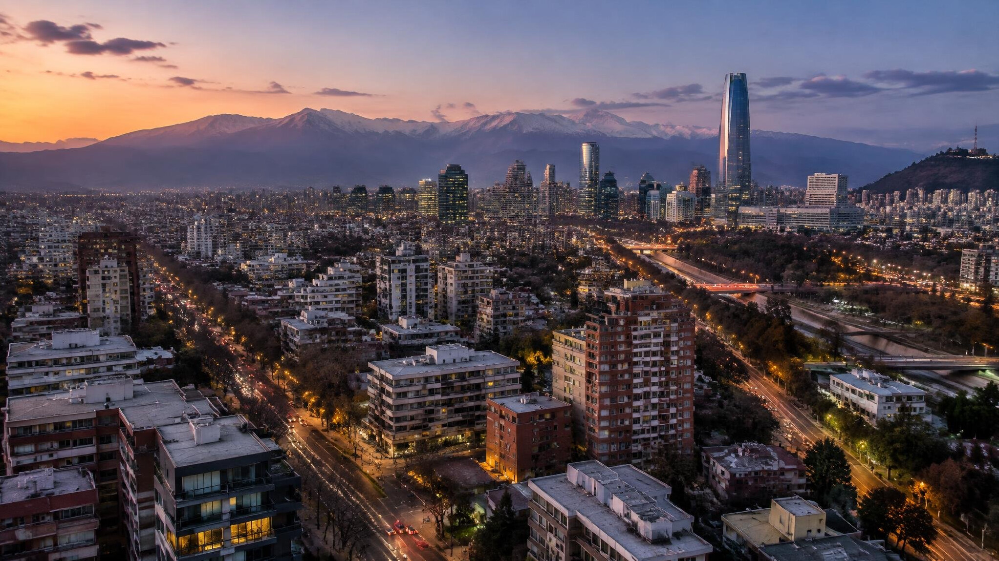 Aerial view of Santiago Chile city rooftops and streets