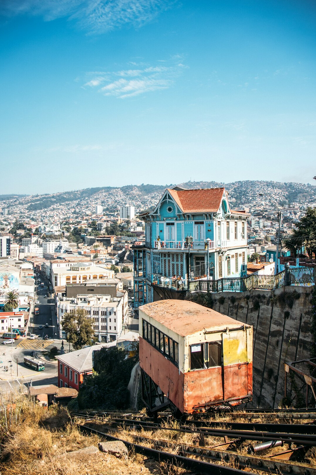 Colorful hillside streets of Valparaiso Chile with people walking