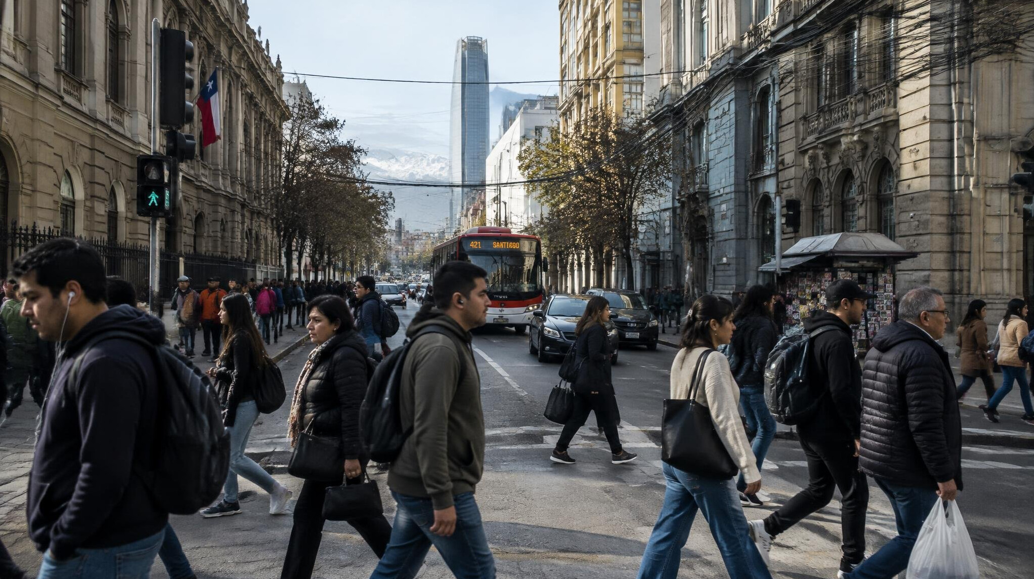 Candid street scene in Santiago Chile with pedestrians crossing an urban avenue
